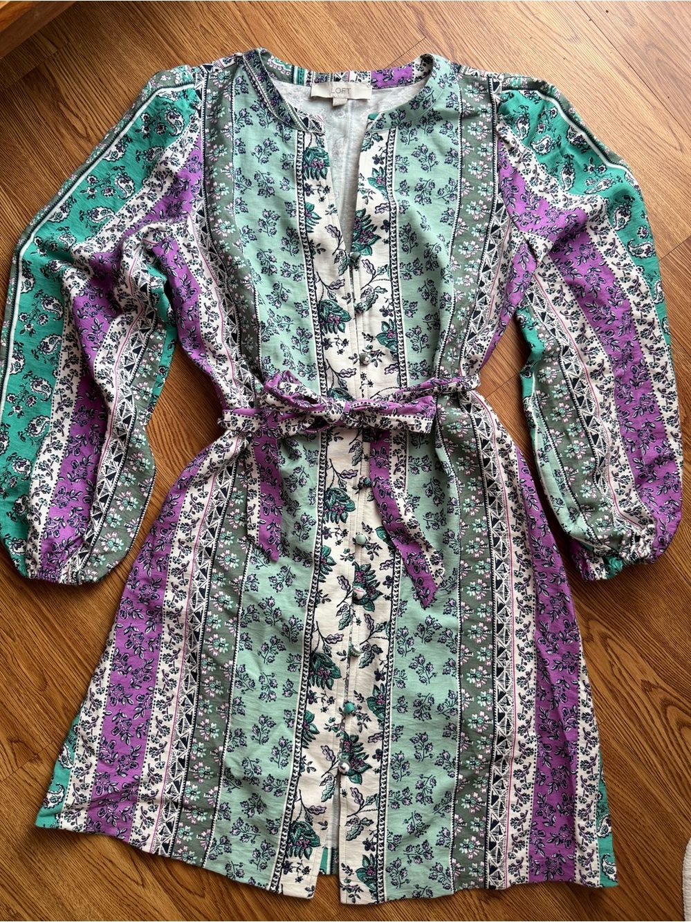💜LOFT Floral Stripe Belted Mini Dress